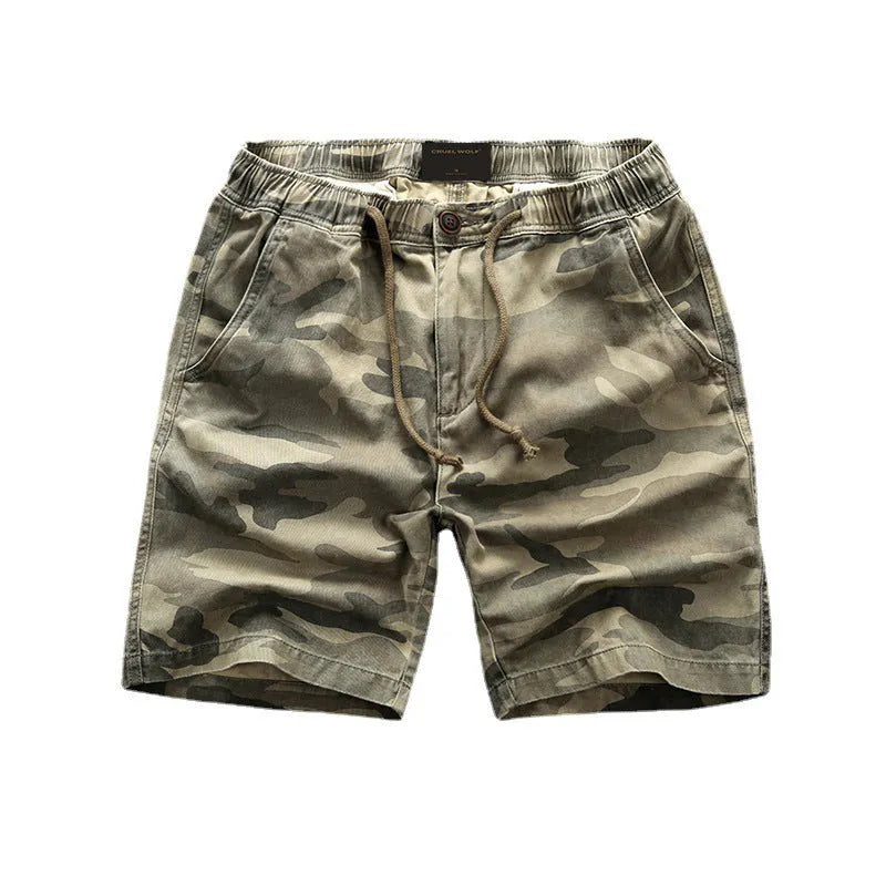 Cotton camouflage workwear shorts in multiple patterns with zip placket and mid waist design