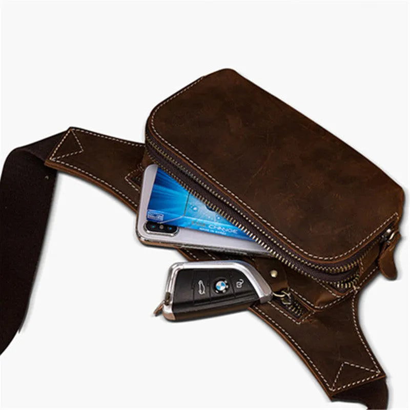 Brown top-layer cowhide leather men's sports waist bag with a zipped closure.