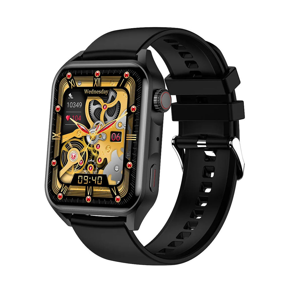 Smart watch with AMOLED display and silicone wrist strap showing touch screen and button controls