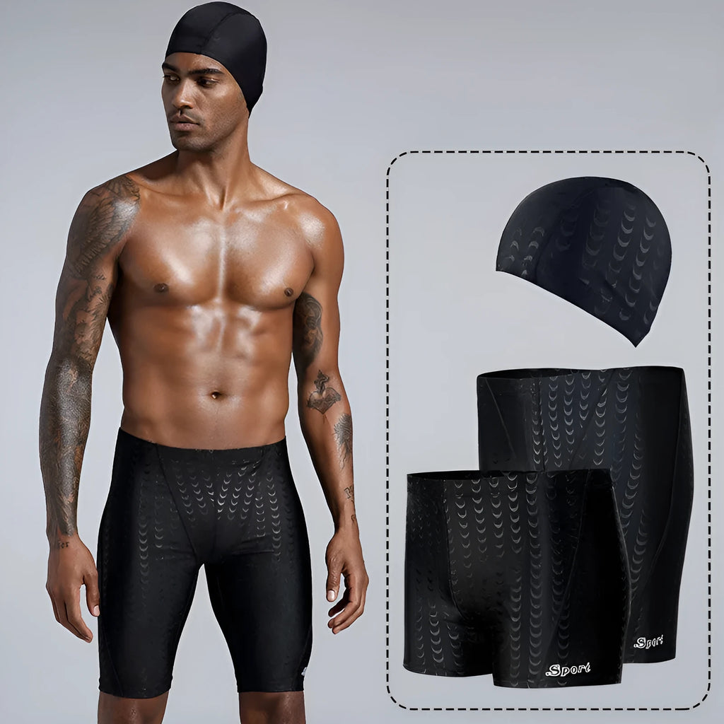Men's solid colour waterproof polyester swimming trunks for beach and surf, shown in larger sizes.