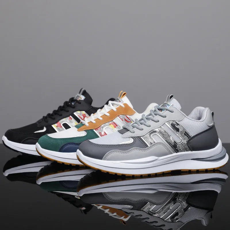 Plus size men's mesh breathable sports casual shoes in white green, black, or grey with leather toe holder