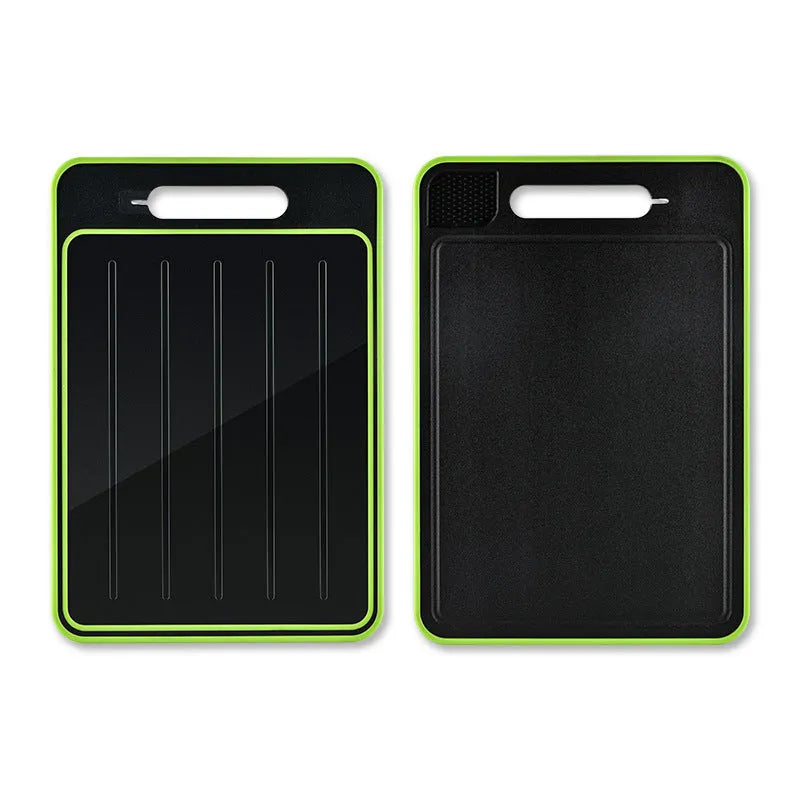 Grey square aluminium cutting board with integrated knife sharpener and grinding teeth