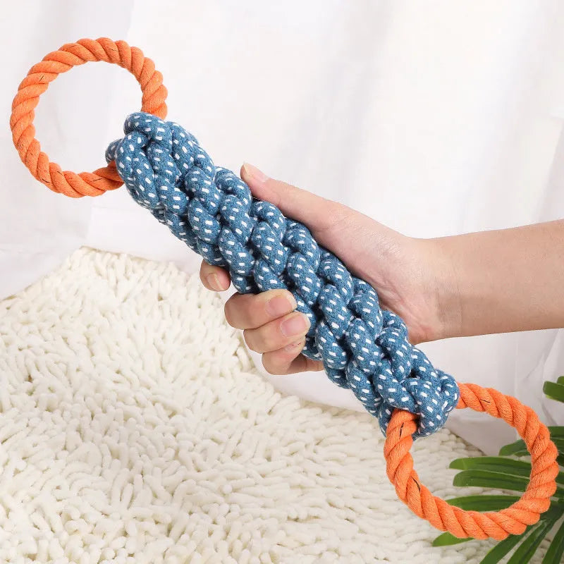 Blue braided cotton bone rope dog toy with double rings for interactive play