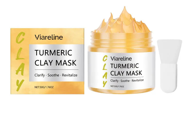 Yellow turmeric mud film in 50g jar with mask brush applicator for facial skincare