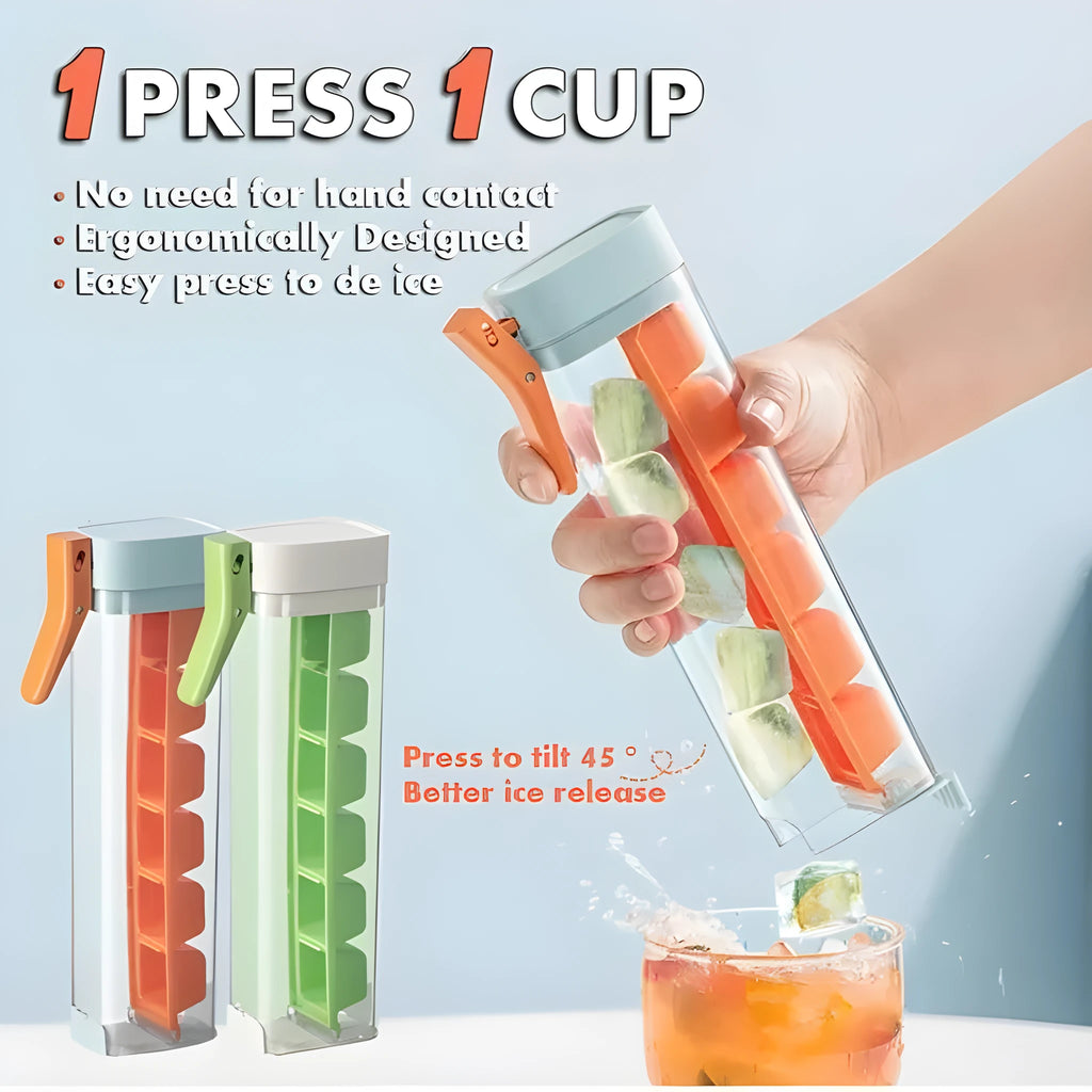 Food grade plastic ice cube tray with one-press release lever and storage box in Maldives blue or pearl white