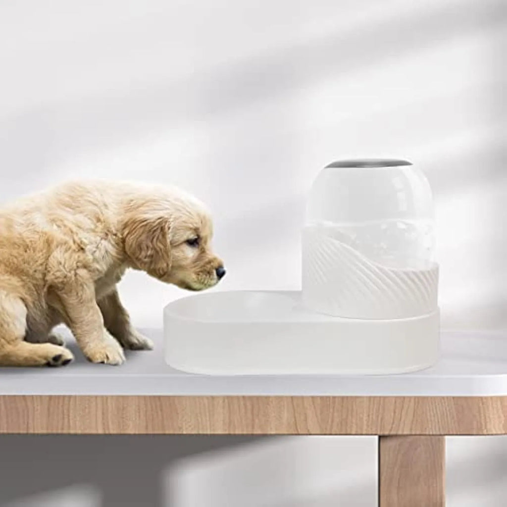 White gravity-fed cat feeder and water dispenser set with wave-shaped design on a table.