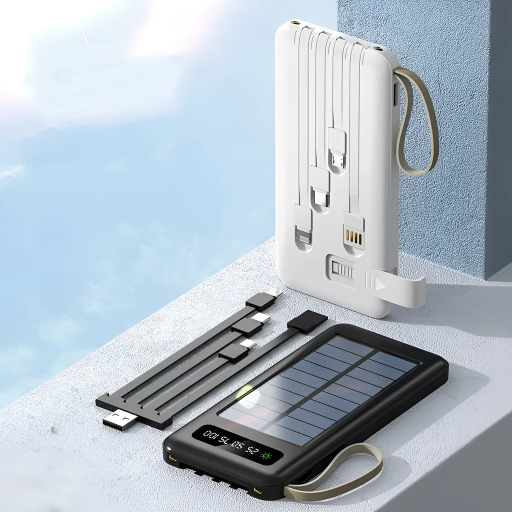 Solar power bank in black or white, showing its compact size and data cable.