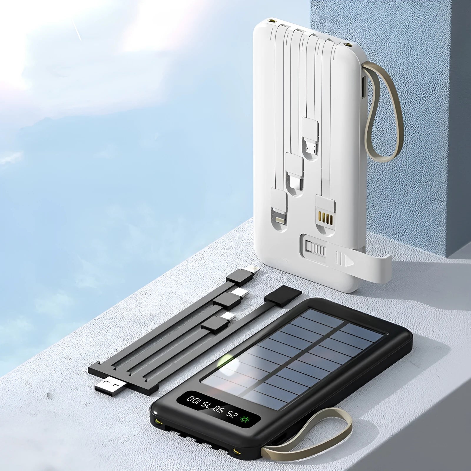 Solar power bank in black or white, showing its compact size and data cable.