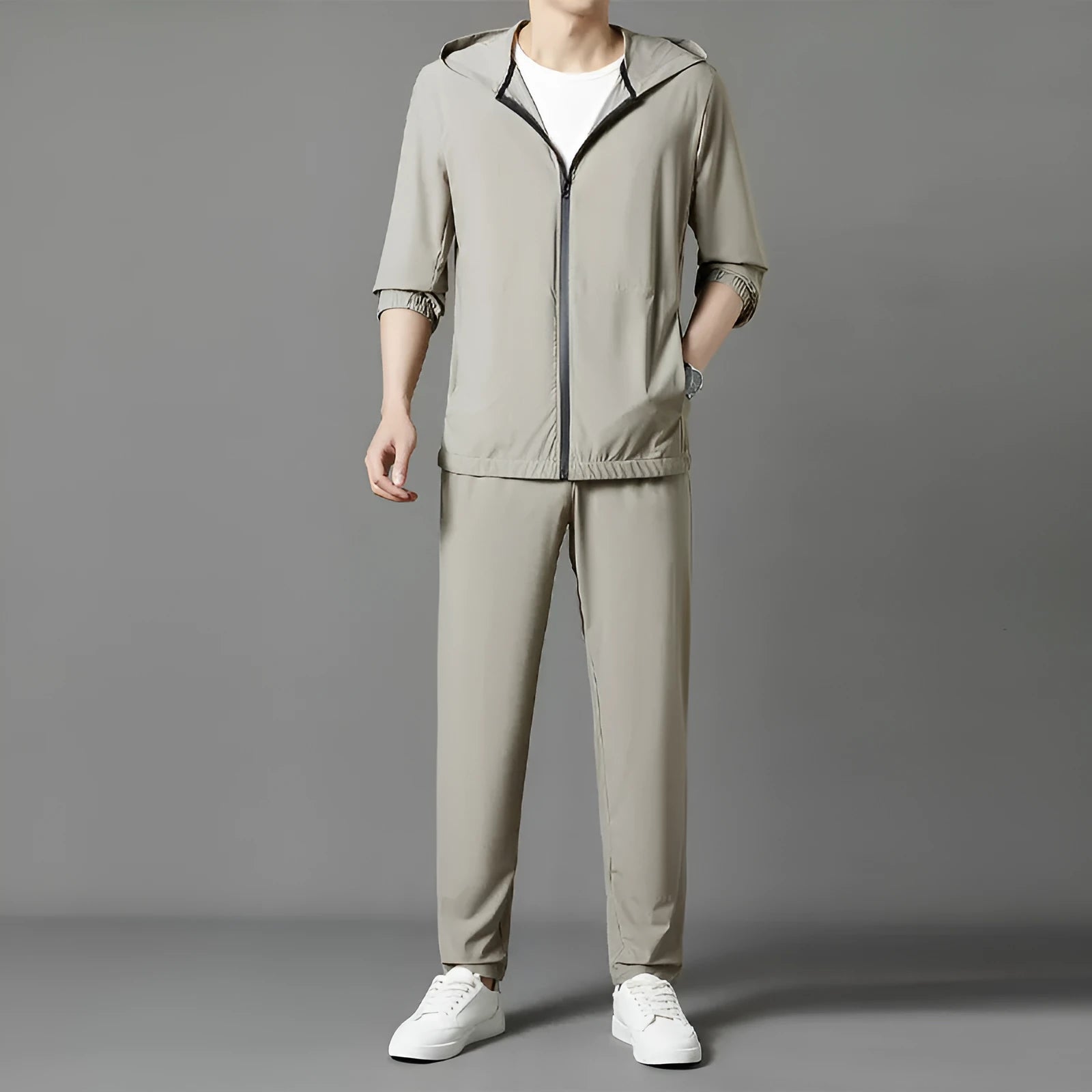 Korean style loose hooded sun-protective suit in grey, blue, or black, featuring top stitching pockets.