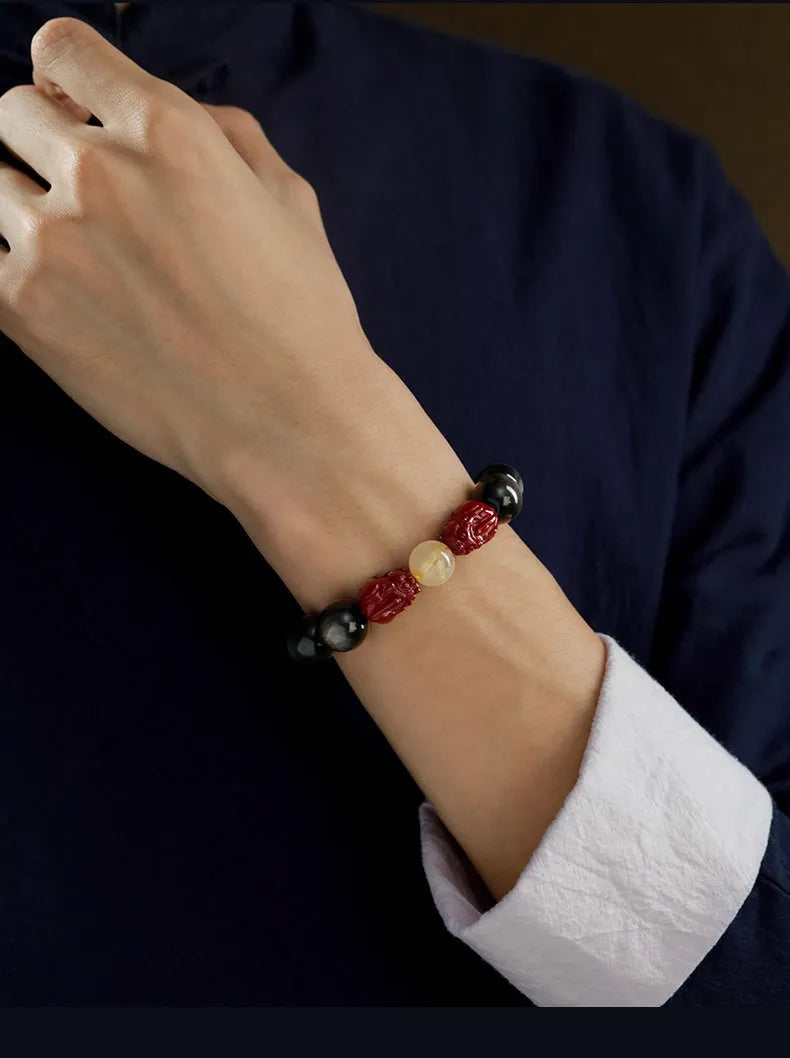 Hand-carved natural cinnabar beads bracelet with zodiac animal charm in gold or silver stone option