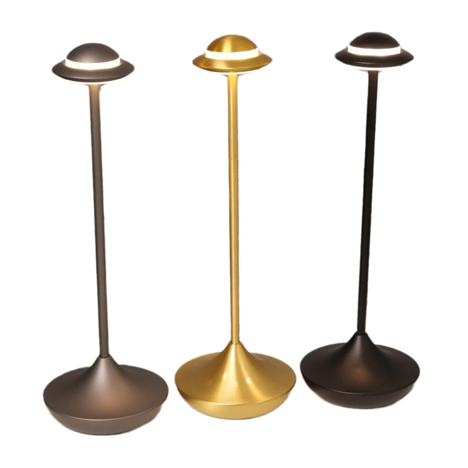 Modern metal UFO-shaped table lamp in black, gold, or grey with touch-sensitive dimming controls.