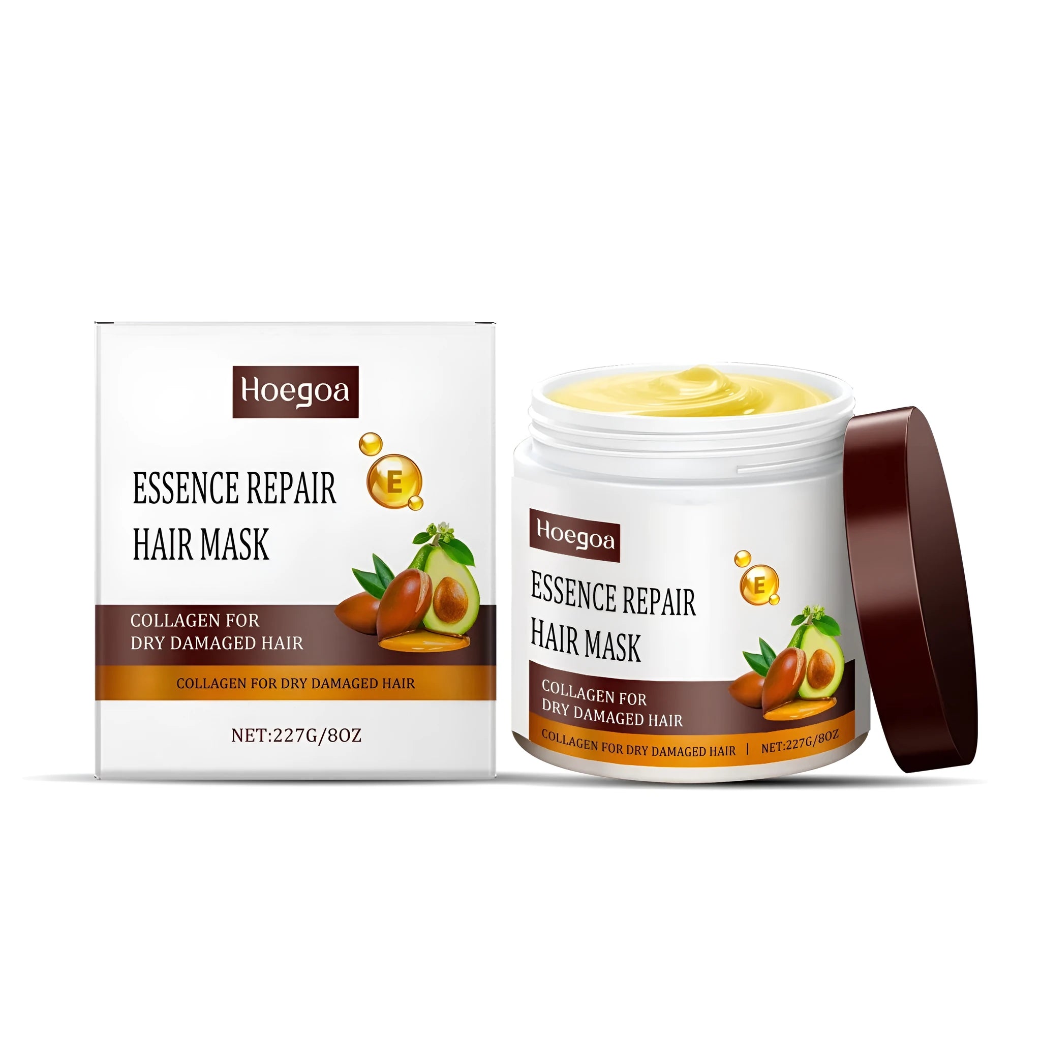 Jar of keratin and collagen repair hair mask with avocado oil, 227g net weight.