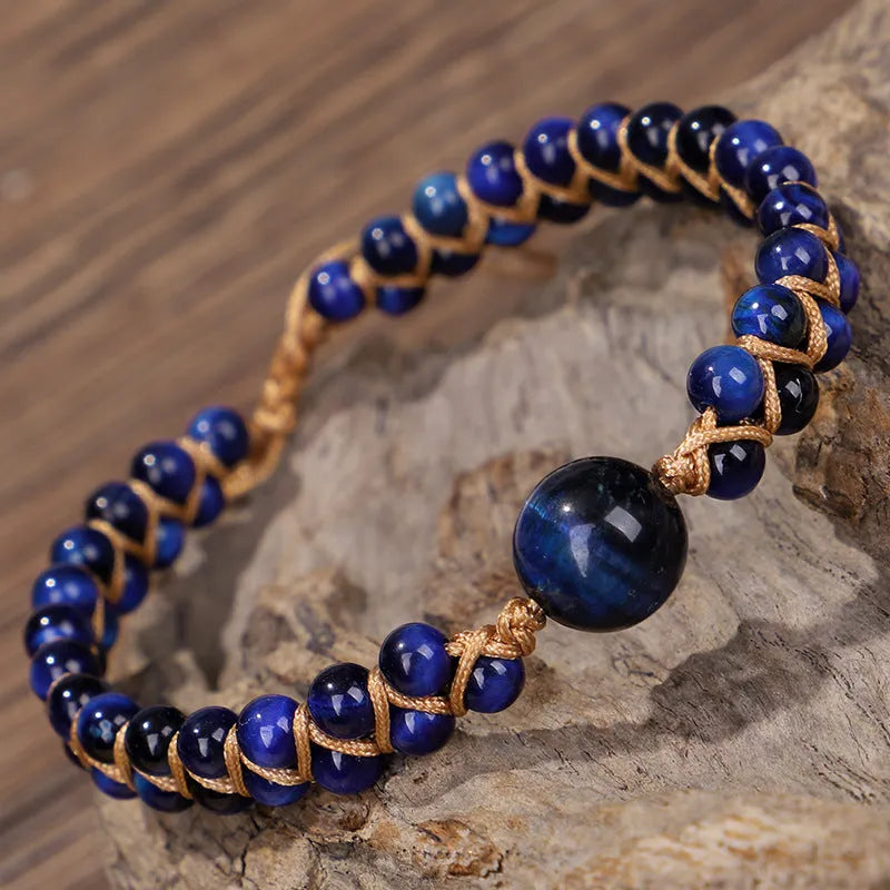 Handmade woven pull bracelet geometry design in blue Tigereye stone