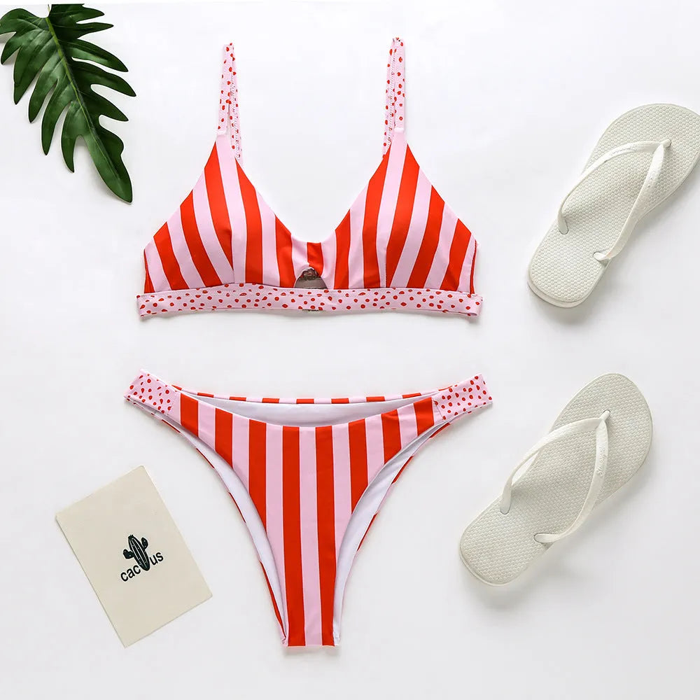 Women's bikini swimsuit in polyester fabric, showing dot and stripe colour options.