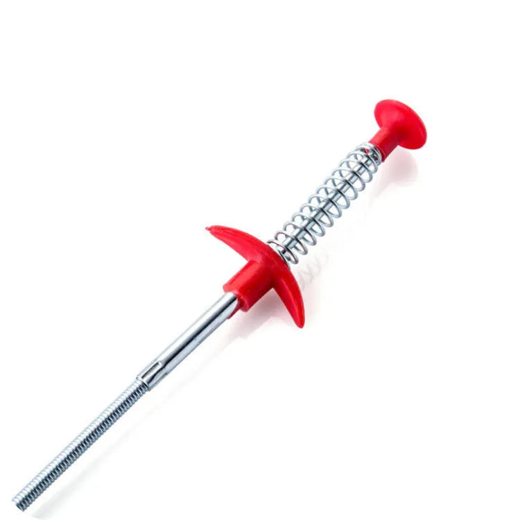 Flexible plastic and stainless steel drain cleaning spring tool with rubber grip for household pipe maintenance