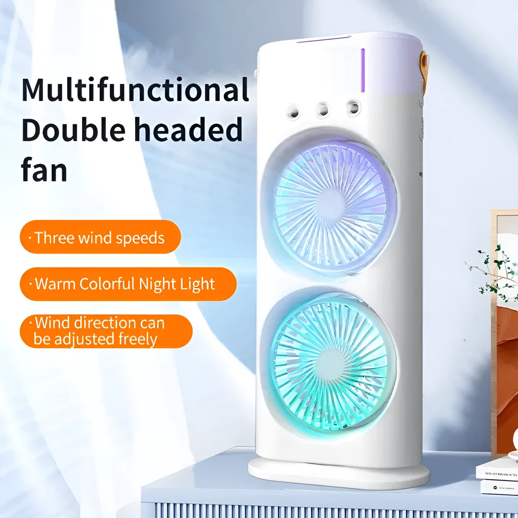 White portable humidifier fan with two spray heads, remote control, and coloured LED lights on a desk.
