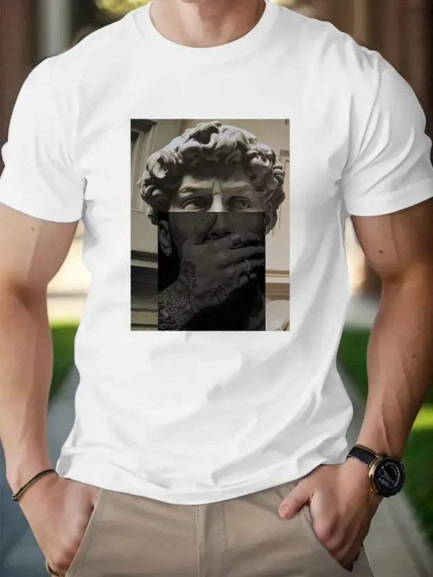 Cotton retro short sleeve t-shirt for men youth group work clothes black art sculpture design front view