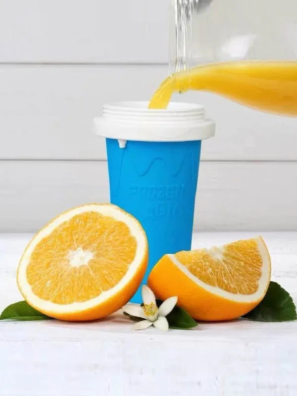 Blue quick refrigeration pinch cup with double-layer silicone construction on a table.