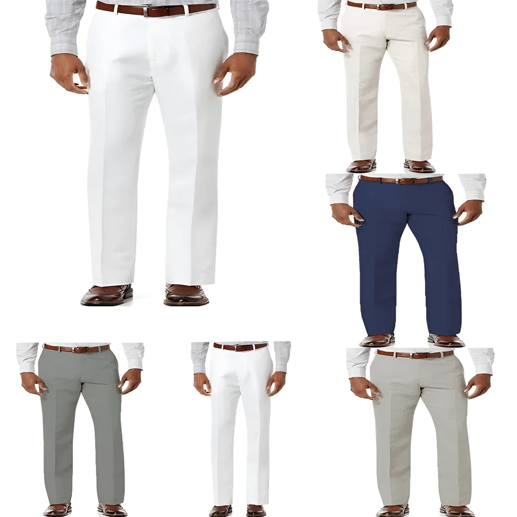 Men's beige white linen blend casual trousers with slant pockets laid flat.