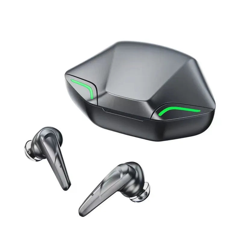 Wireless Bluetooth single-ear gaming headset with USB charging cabin in black, shown alongside spare caps.