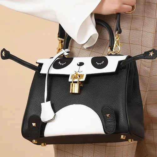 Cow leather panda print handbag in horizontal square shape, shown in two size options.