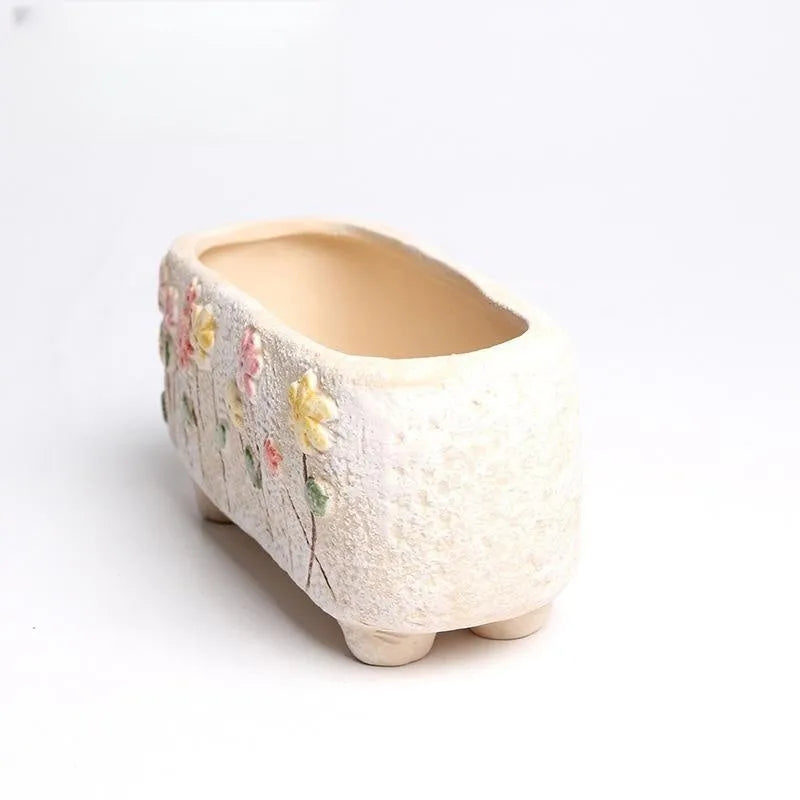 Hand-painted rectangular ceramic succulent pot with floral design, dimensions 13.7x6.2x6.5cm