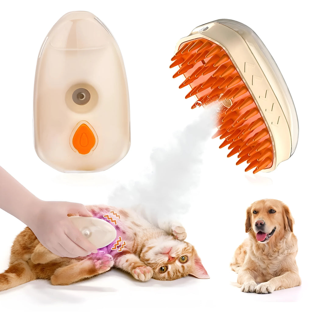 Yellow cat steam brush with silicone teeth, water tank, and ringworm detection lamp for pet grooming
