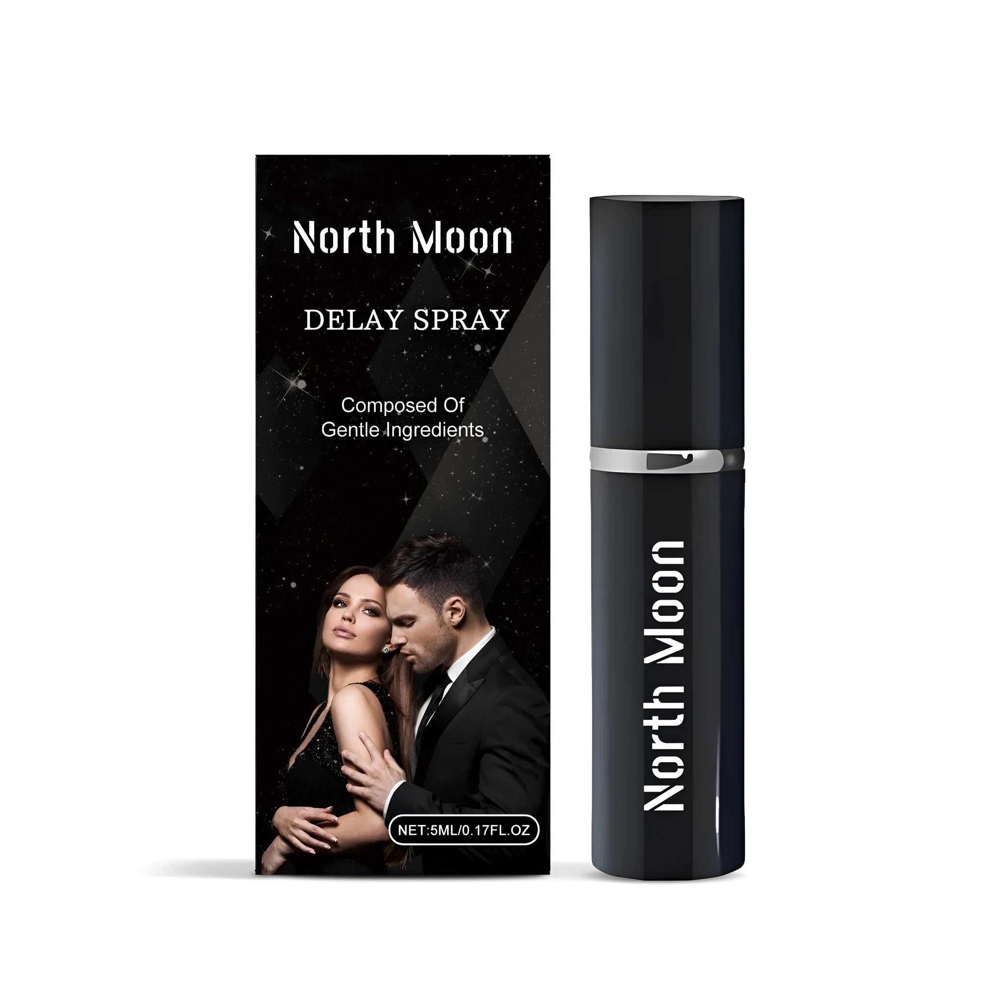 5ml bottle of men's delayed spray with turmeric and ginger extract, shown with applicator.