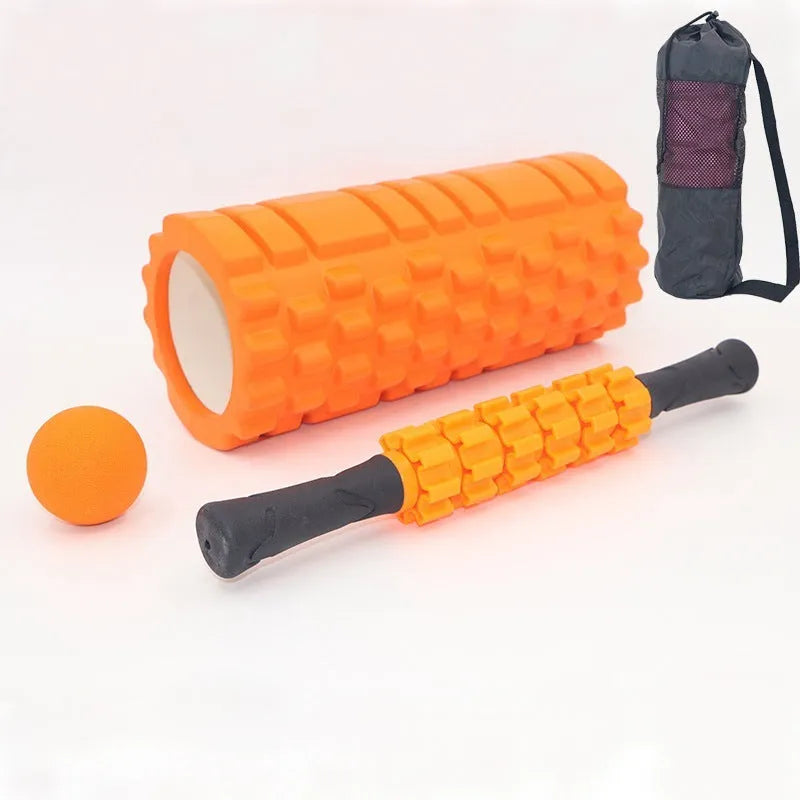 Black six-piece segmented foam massage roller measuring 33cm in length