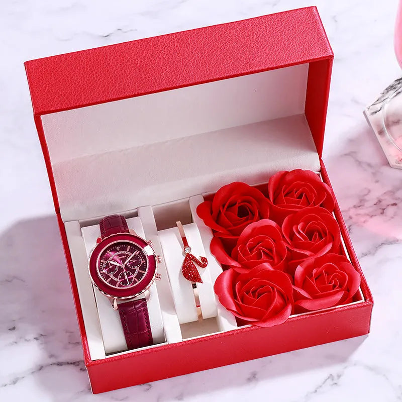 Women's quartz wrist watch with round alloy case, sapphire crystal glass, genuine leather strap, and onion crown