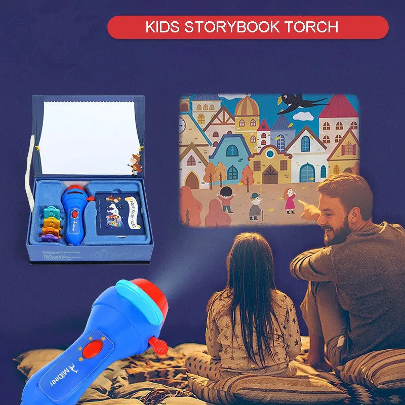 Kids handheld projector torch with clip-on discs projecting fairy tale images on ceiling