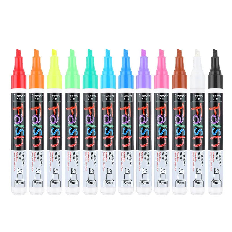 Electronic fluorescent plate highlighter with plastic shell and 6mm oblique tip, shown with 8 colour refills.
