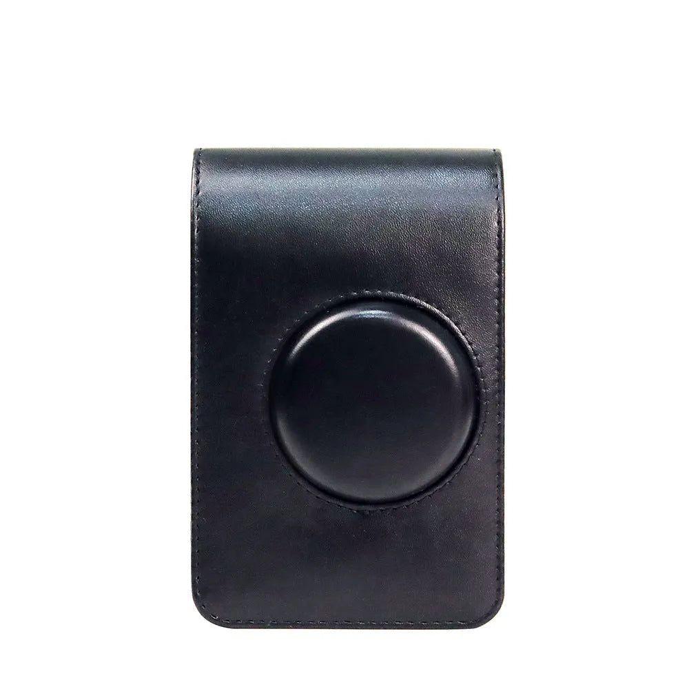 Retro camera storage case with curved shoulder strap in solid colour options including black skin feeling material