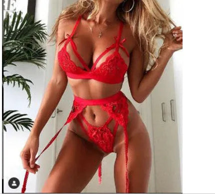 Red lace lingerie set for women showing bra and briefs with intricate lace detailing and adjustable straps