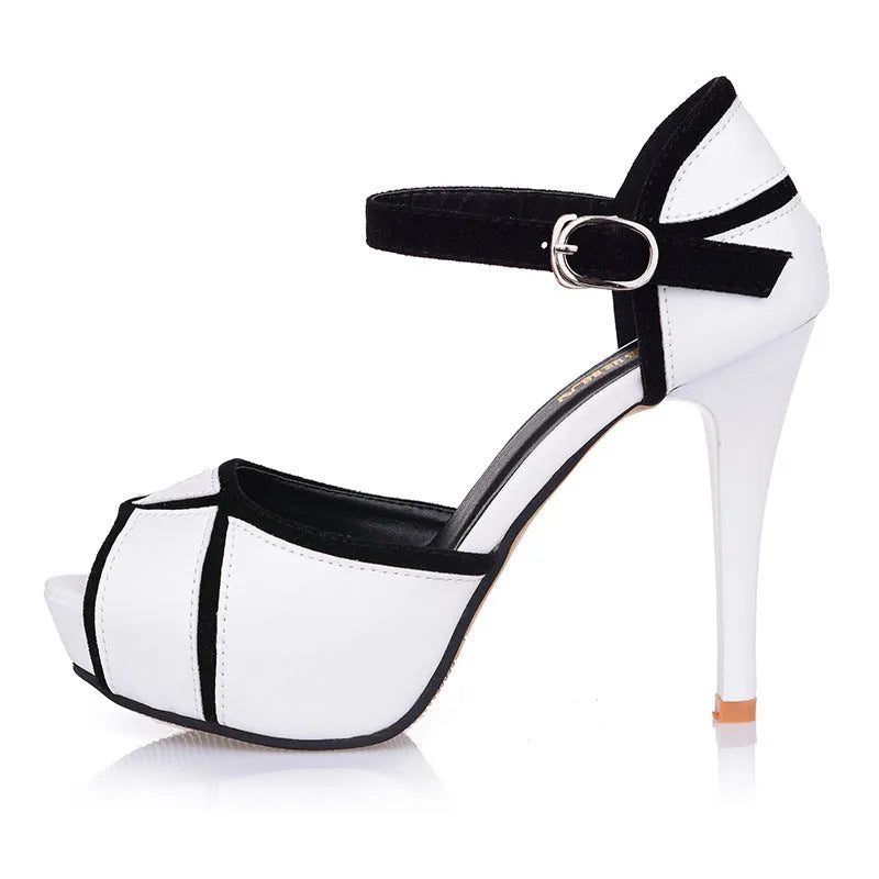 Women's fish mouth colour matching high heels with 11cm heel and 3.5cm platform in black PU suede