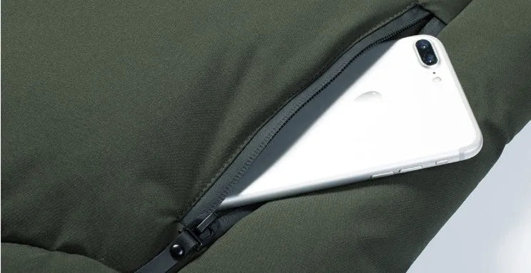 Grey USB electric heated jacket with hood and zipper on a person, outdoor winter background, size M to 7XL available