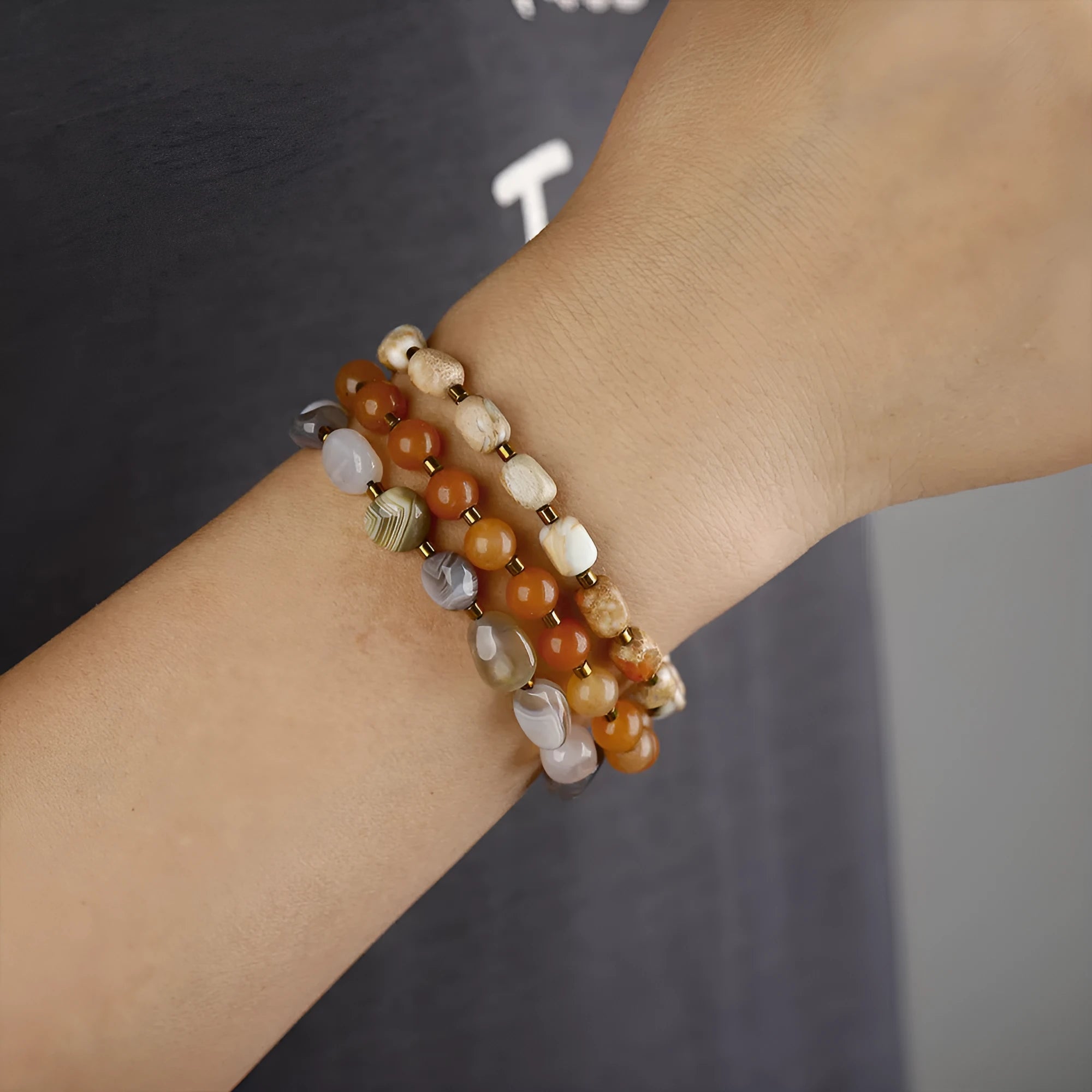 Hand-woven multi-layer bracelet made from Persian Gulf agate with geometry shape and texture details in colour 3790.
