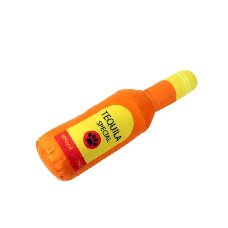 Plush wine bottle shaped dog toy with squeaker in multiple colour variations