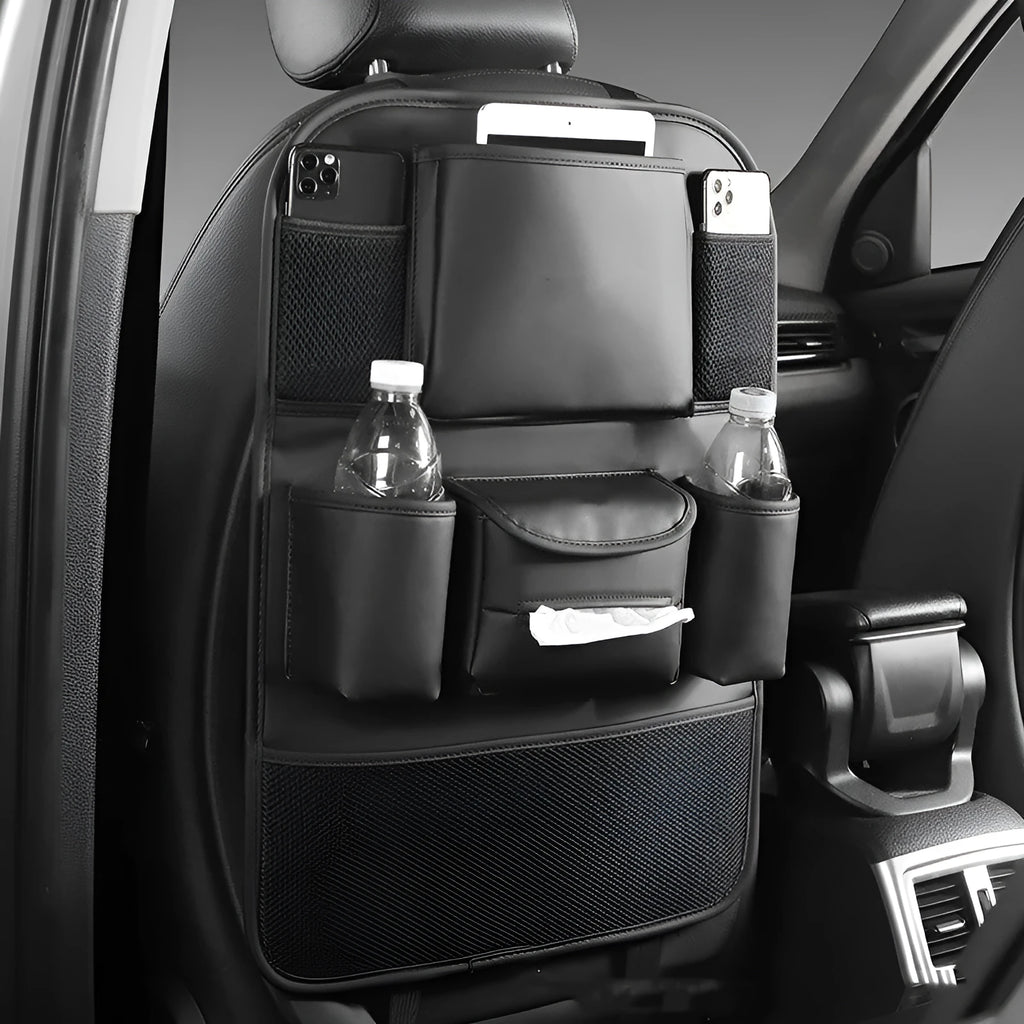 Genuine leather car seat back storage bag in four colour options with suspended hanging design