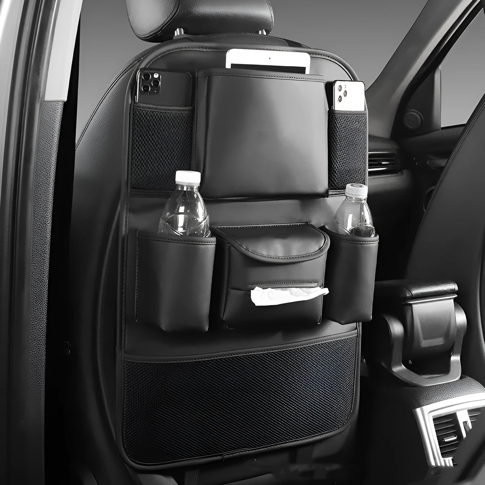 Genuine leather car seat back storage bag in four colour options with suspended hanging design