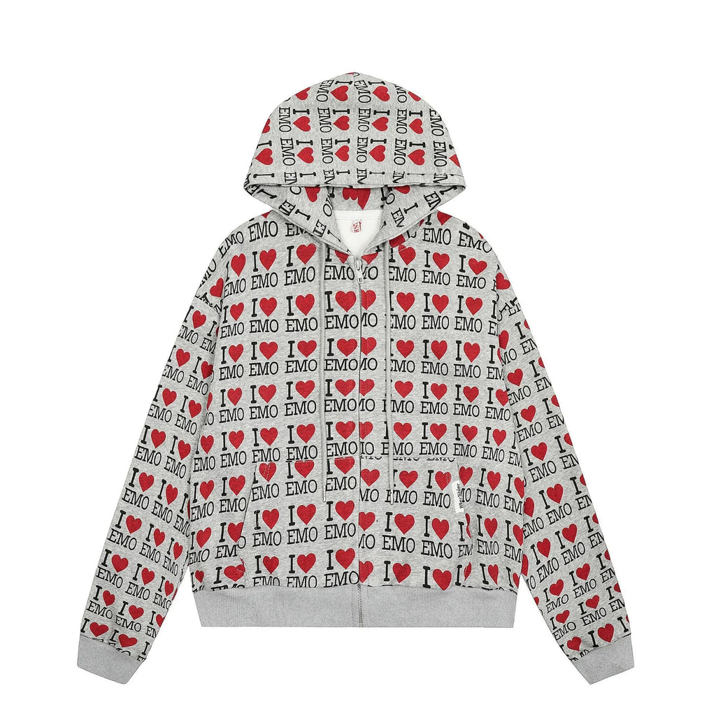 Mixed grey women's hooded cardigan sweater with long sleeves on a hanger.
