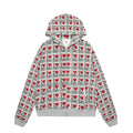 Mixed grey women's hooded cardigan sweater with long sleeves on a hanger.