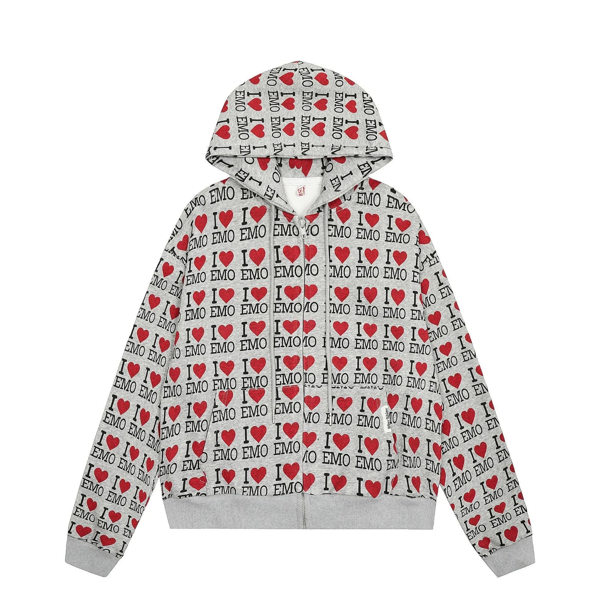 Mixed grey women's hooded cardigan sweater with long sleeves on a hanger.