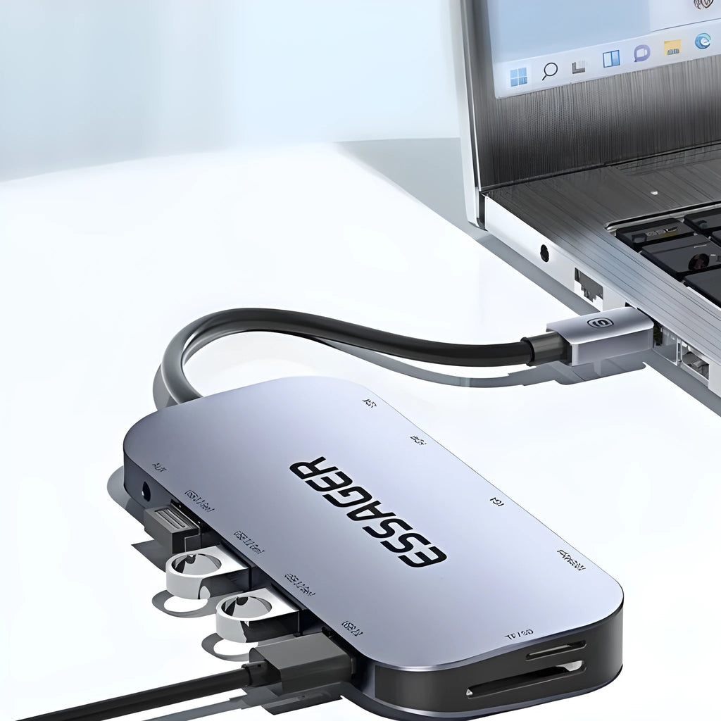 11-in-1 USB-C expansion dock with multiple ports including Gigabit Ethernet, HDMI, VGA, USB 3.0, and card readers