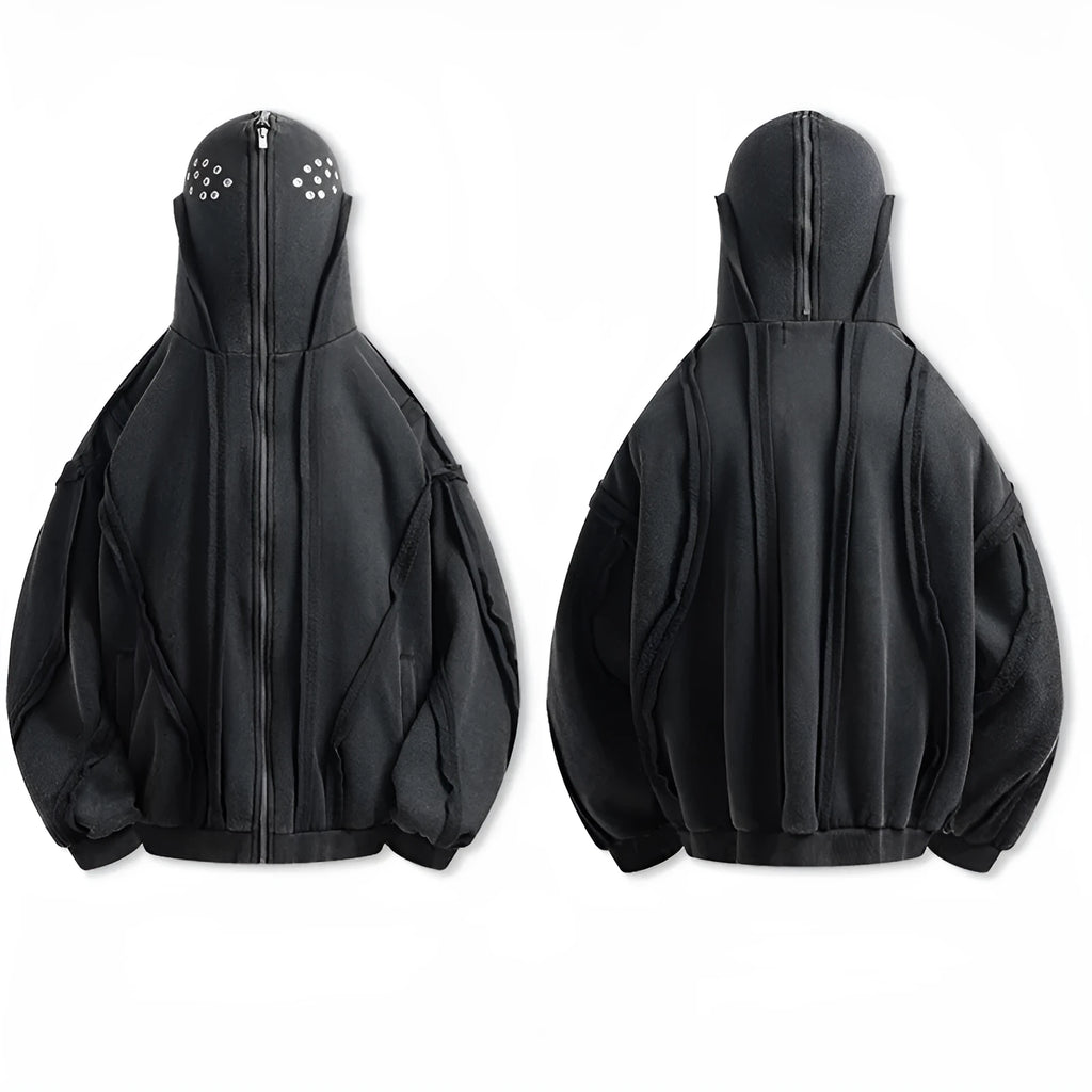 Black retro loose zip hooded padded coat with an abstract pattern