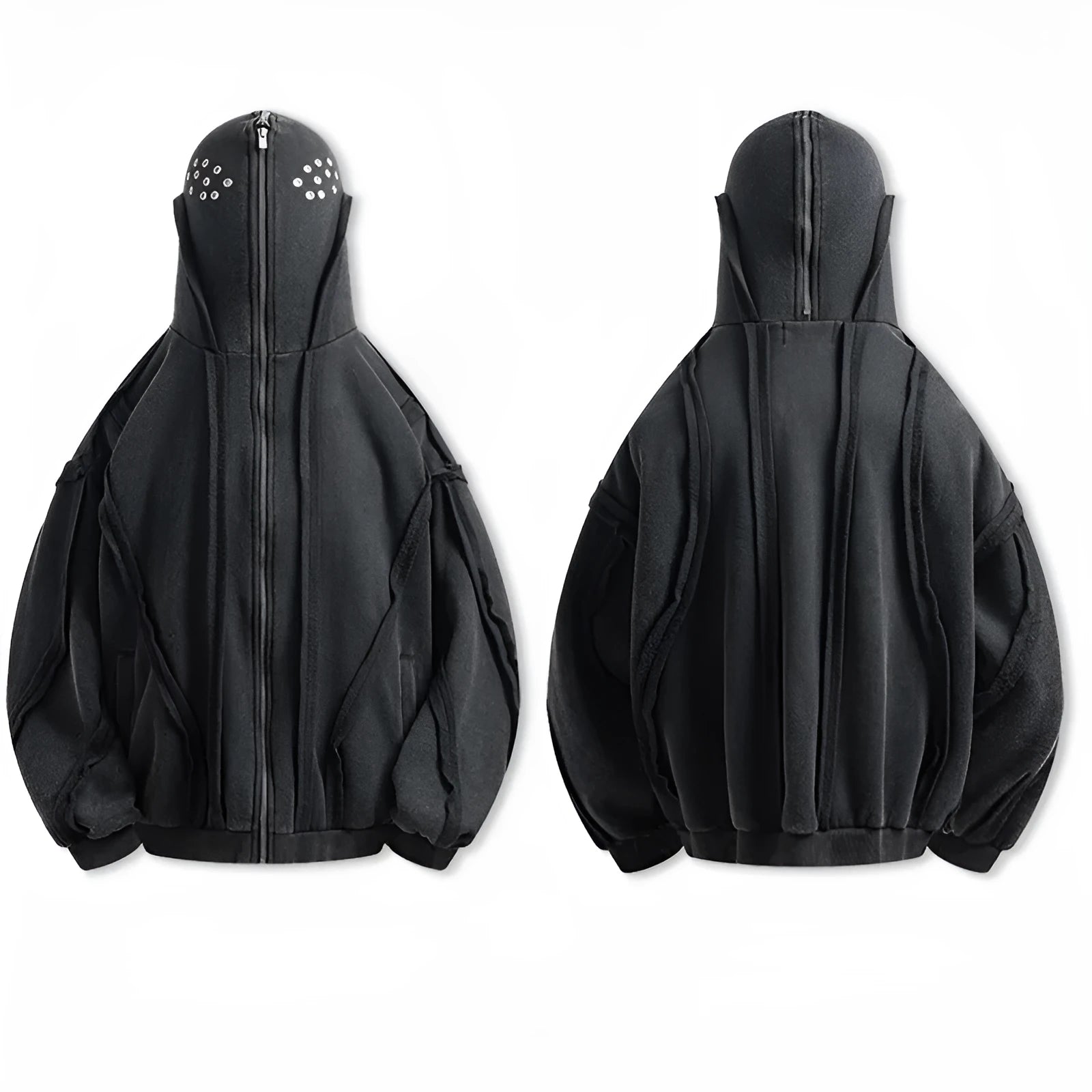 Black retro loose zip hooded padded coat with an abstract pattern