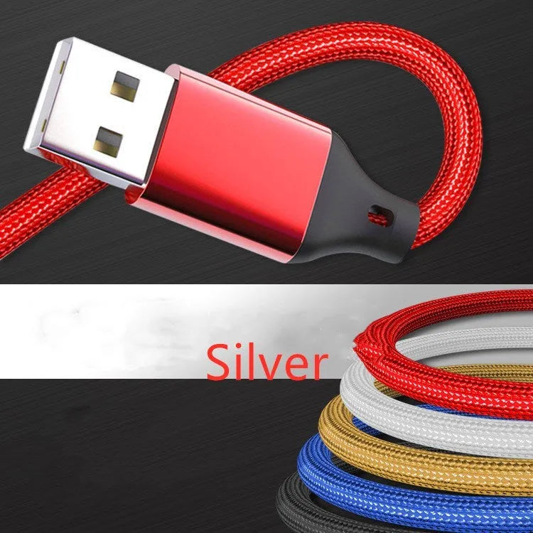 1.2 metre long multi-device charging cable with nylon braid in red, blue, gold, black, silver, and rose gold colours