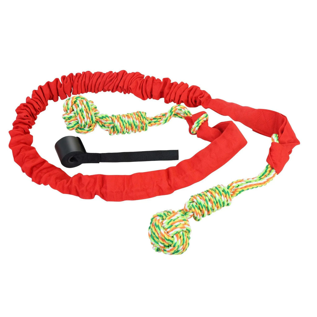 A twisted cotton rope dog toy for tug-of-war and chewing, shown in black, grey, or red.