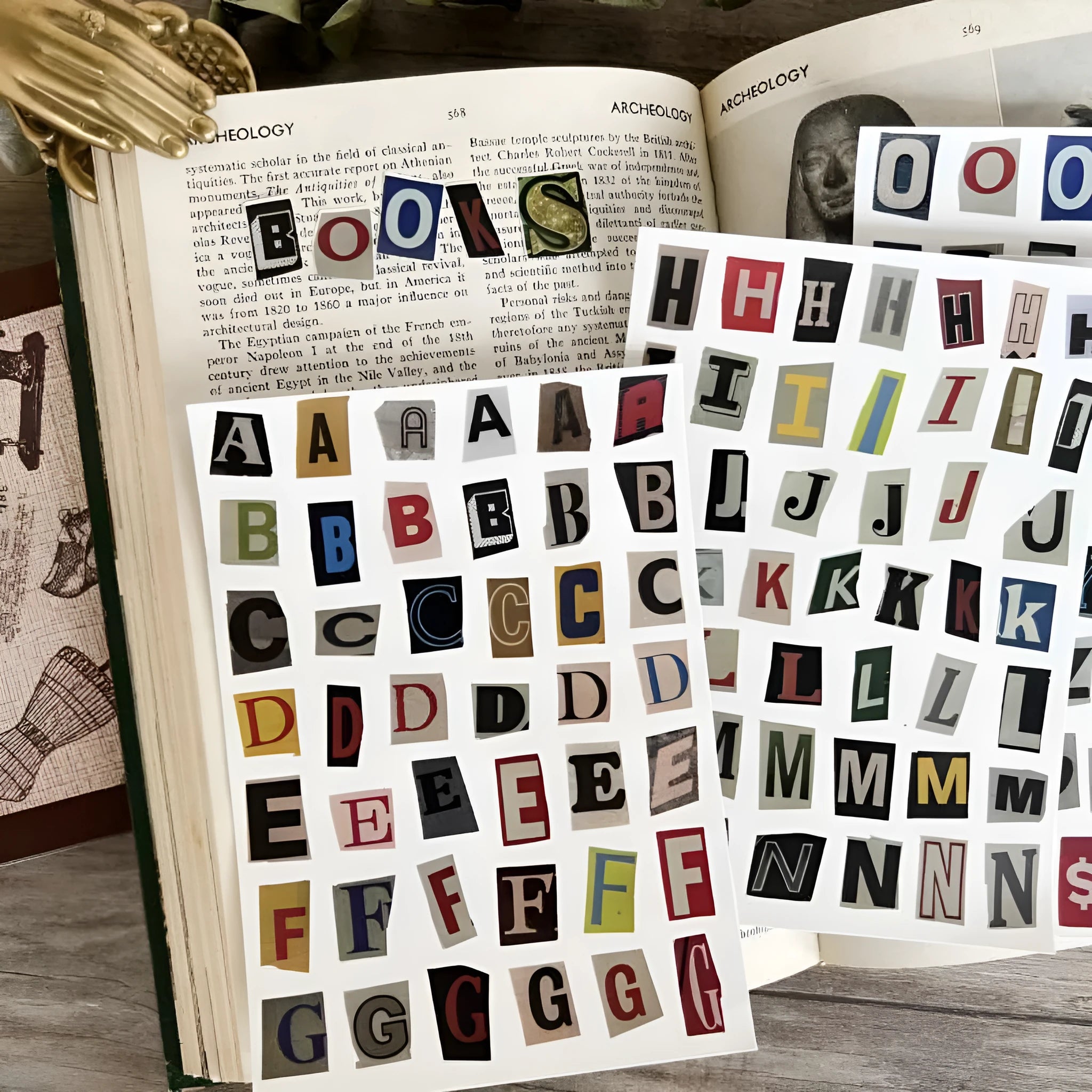English letters and numbers symbol label stickers showing A-E letters and week words in cute printed designs