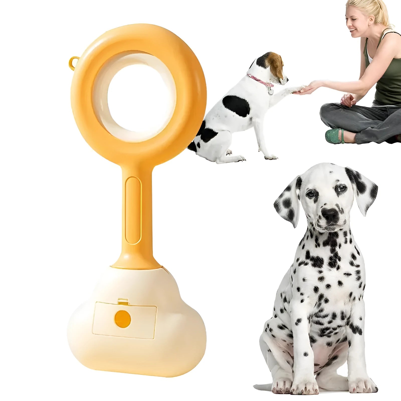 Blue and yellow ABS plastic dog pooper scooper with a cloud-shaped jaw on a white background.